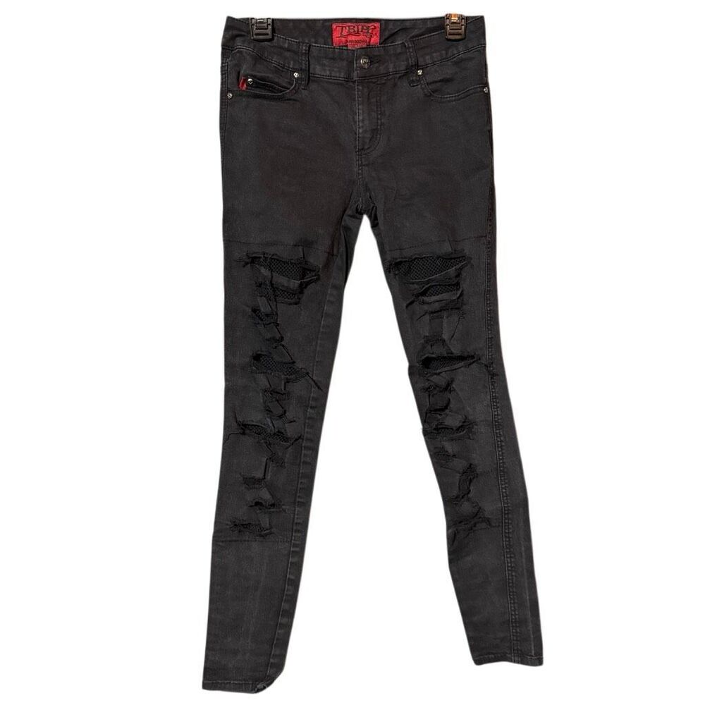 Tripp NYC Black Fishnet Ripped Skinny Low Rise Jeans Junior’s 3